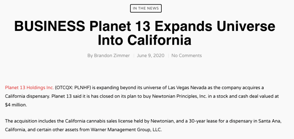 Planet 13 Holdings stock California