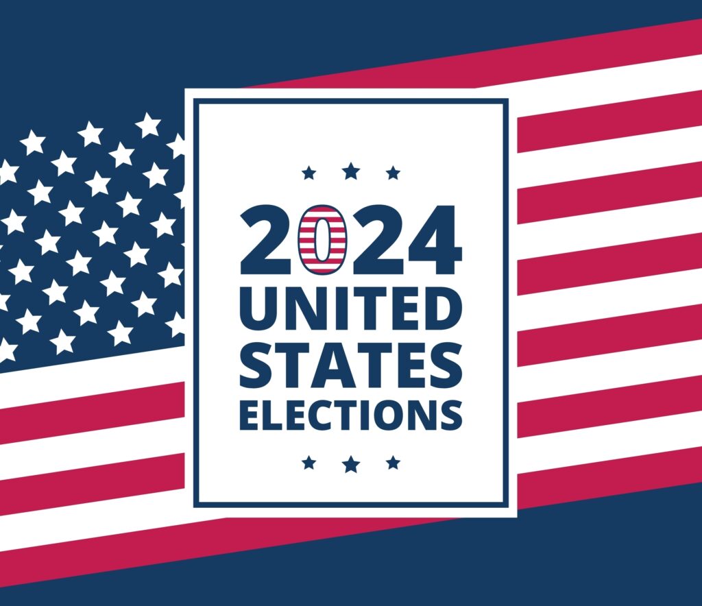 2024 Election logo in front of U.S. flag